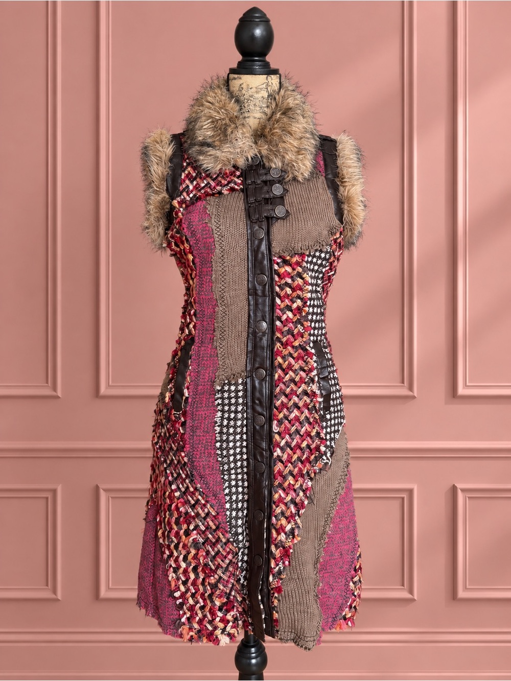 Faux Fur Collar Patchwork Knit Sleeveless Vest